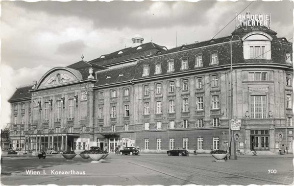Postkarte Wiener Konzerthaus, Straßenbahnschienen, ca. 1960